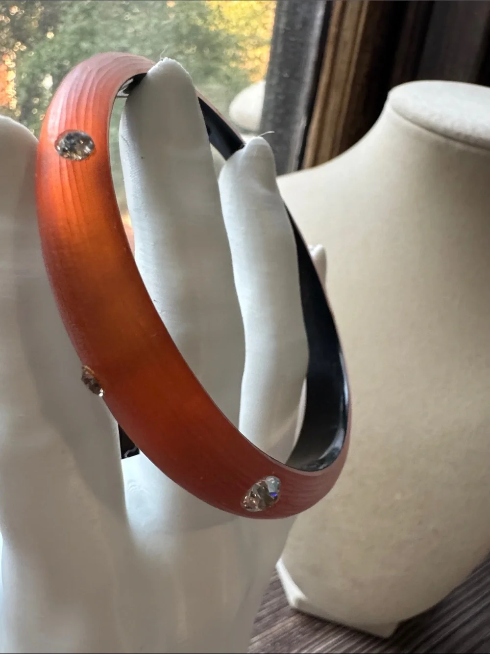 Alexis Bittar Burnt Orange Vintage Lucite Rhinestone Bangle Bracelet Hand-Carved